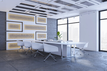 Fototapeta premium Clean meeting room interior with window and city view, decorative wall and furniture. 3D Rendering.