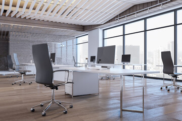 Light concrete and wooden glass office interior with various objects and furniture, window with city view and daylight. 3D Rendering.