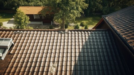 Clean theme of aerial drone view of clay home rooftop