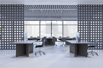 Light coworking office interior with window and city view, furniture, other objects and daylight. 3D Rendering.