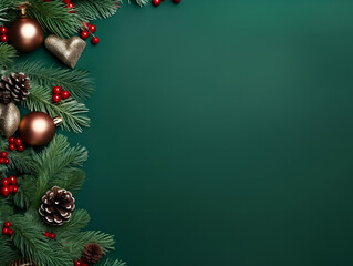Flat lay Christmas composition on green background with decorations and copy space for text