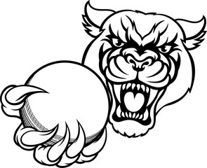A panther cougar or jaguar cat animal sports mascot holding cricket ball
