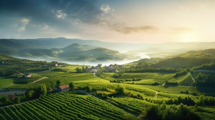 Beautiful sunrise aerial landscape over countryside vineyard fields