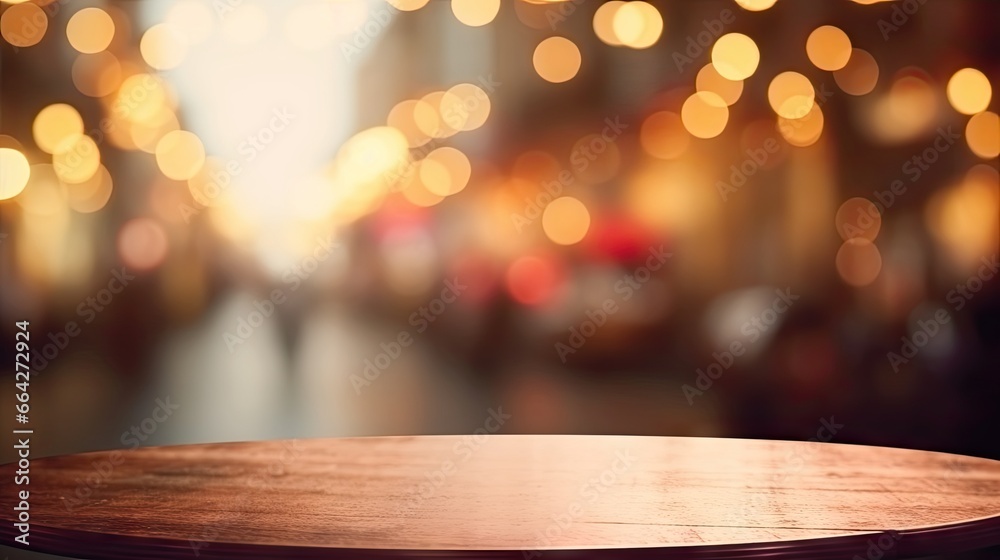 Poster Blurred cafe bokeh as a backdrop for displaying your product on an empty table