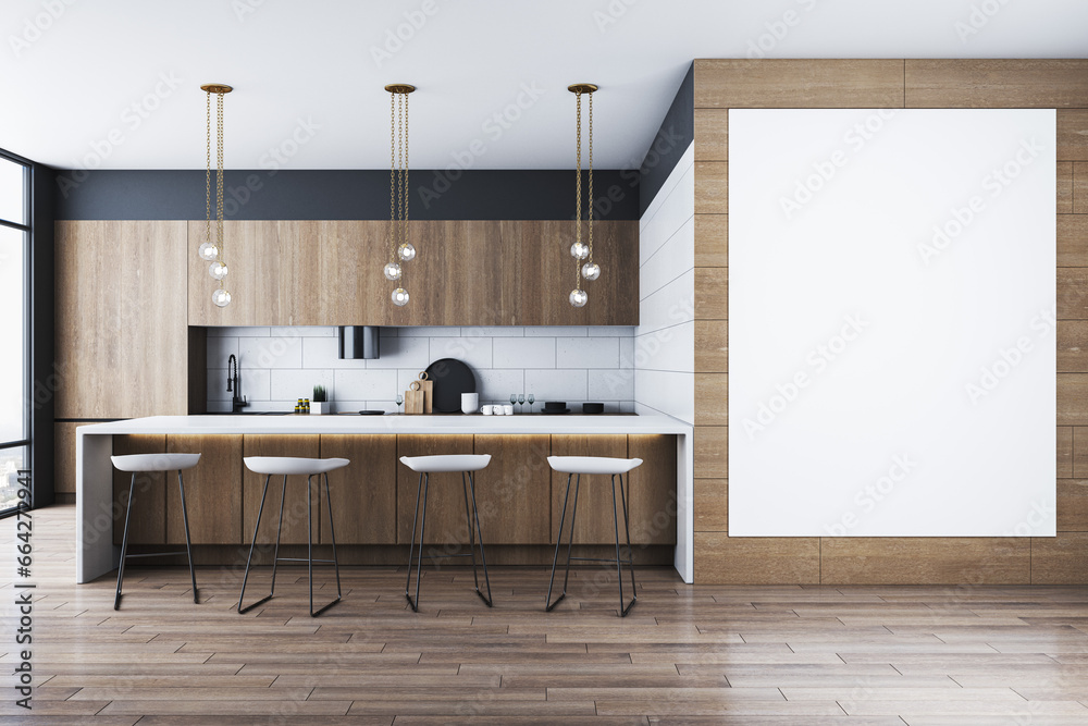 Poster modern wooden kitchen interior with empty white mock up banner, furniture and panoramic window with 