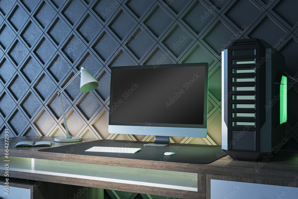 Aufkleber Creative gamers desktop with empty computer monitor, lamp and system unit on decorative black wall background. Gaming concept. Mock up, 3D Rendering.