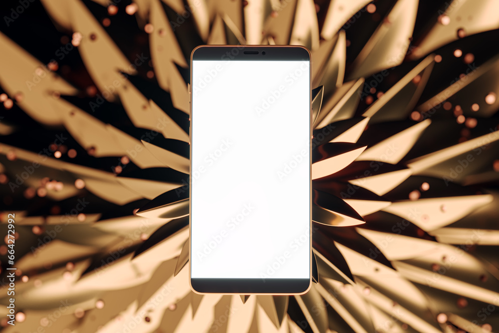 Poster Close up of empty white mock up smartphone on abstract golden flower background. Presentation concept. 3D Rendering.