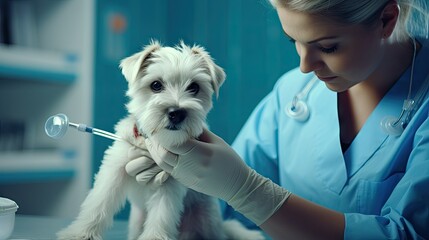 Closeup of a vet administering an injection to a dog in gloves - obrazy, fototapety, plakaty