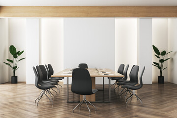 Modern meeting room interior with furniture and wooden flooring. 3D Rendering.