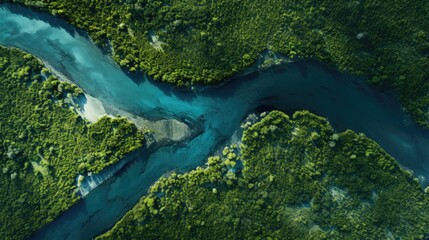 Bird s eye perspective of river bend in delta s lush greenery - obrazy, fototapety, plakaty