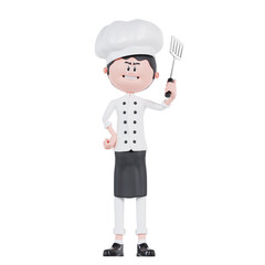 3d cartoon chef standing with a spatula