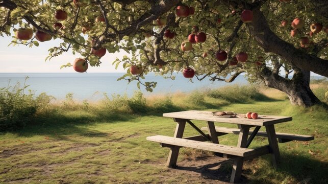 Autumn scene in Kivik Sweden Bench table apple tree coast