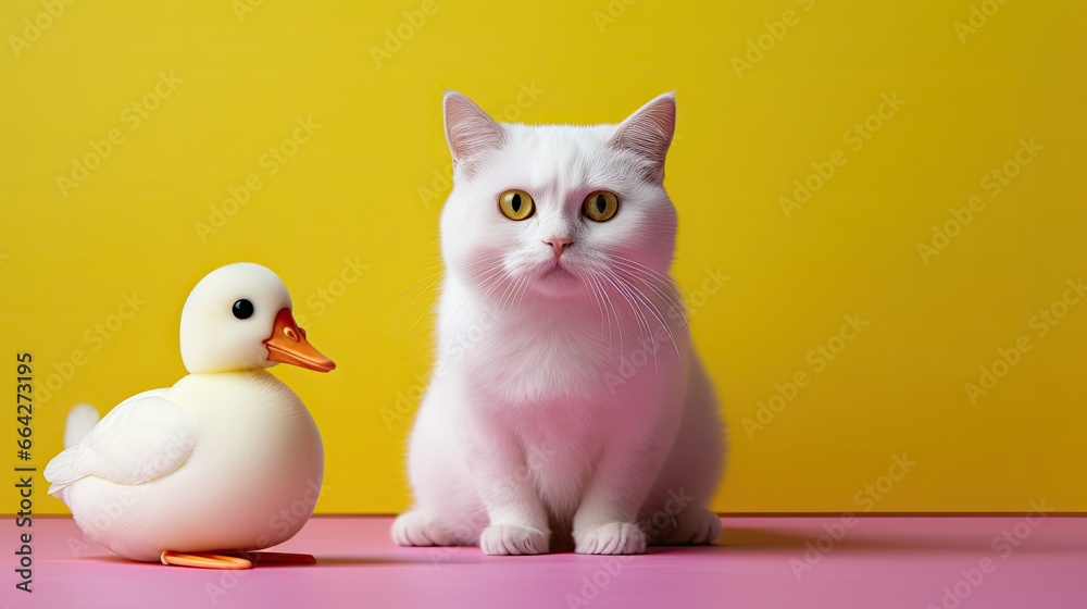 Poster a comical white cat in yellow coat peeks from a white shell while a yellow rubber duck sits close by