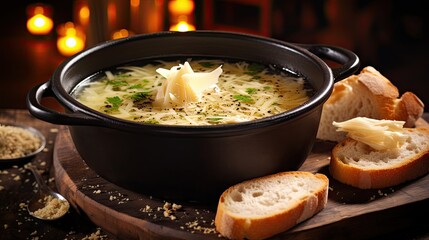 Brazilian soup called Caldo de Quenga served in a black pot on a rustic surface with bread and a spoon