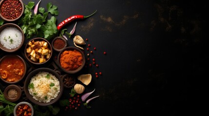 Assorted Indian cuisine on black background from top view