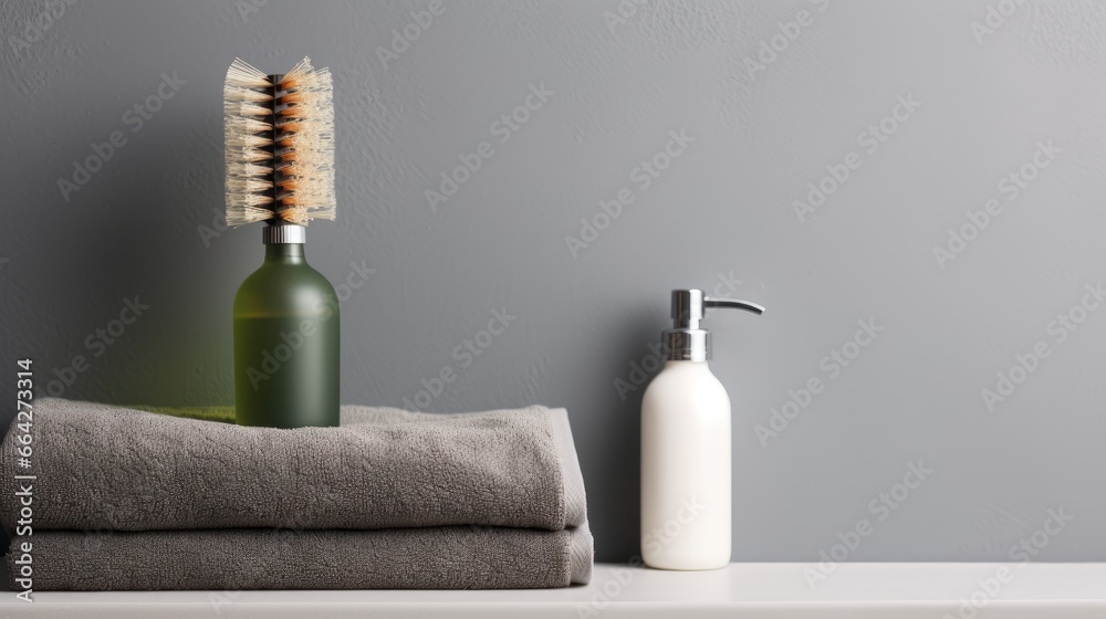 Poster Bathroom shelf displaying various items with grey wall background