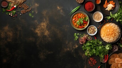 Asian meals on rustic background top view place for text representing Asian food concept