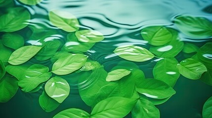 Beautiful product presentation background with green leaves on a rippling water surface Ample space for copy