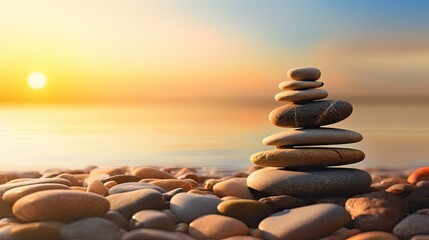 Balanced rock pyramid on beach sunny day clear sky at sunset Golden sea bokeh zen stones on shore spa harmony concept