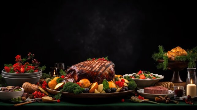Christmas dinner dark background holiday food panorama