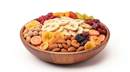 Assorted nuts and fruits in a wooden bowl healthy snack