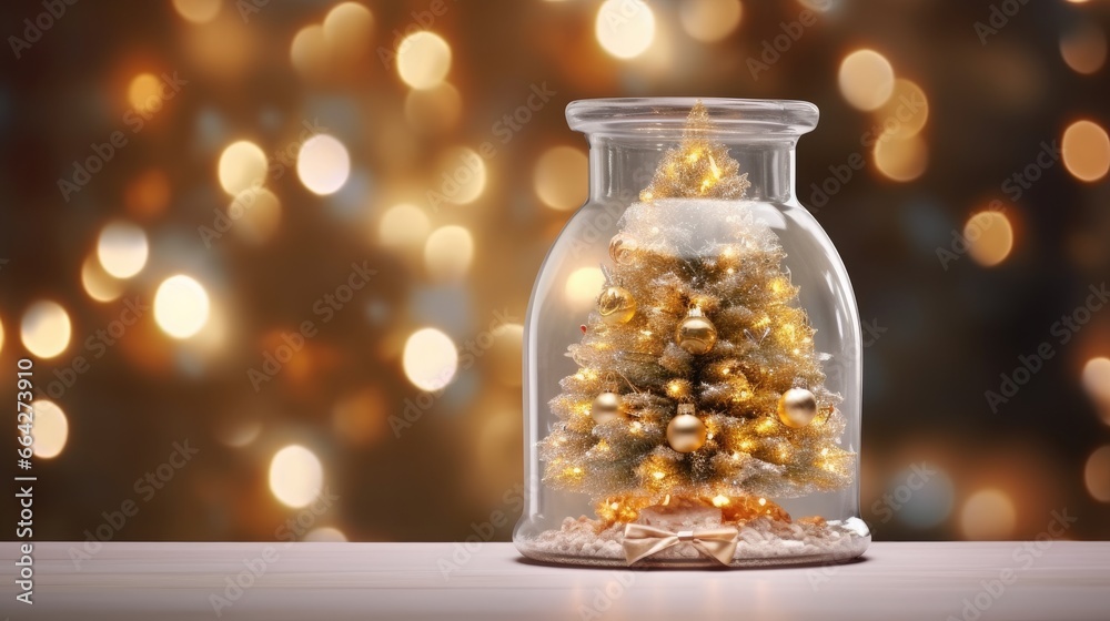 Poster Christmas tree in glass jar with bokeh lights background copy space