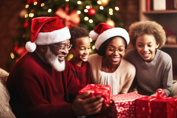 Obraz na płótnie Canvas Photo of people gathered around a beautifully wrapped Christmas gift
