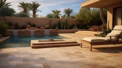 A desert backyard with a pebble tech pool and travertine patio