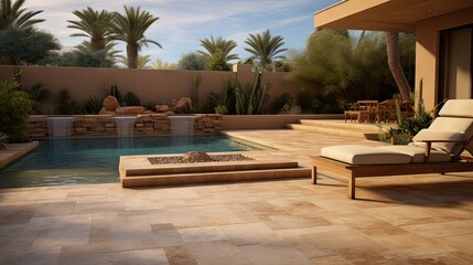 Fototapeta premium A desert backyard with a pebble tech pool and travertine patio