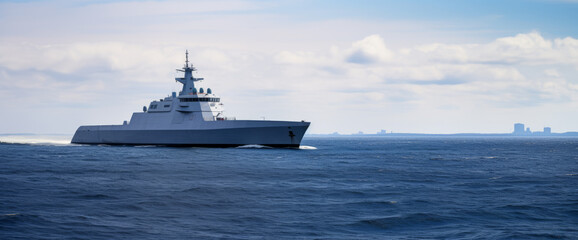 Obraz premium The military ship on sea at sunrise.