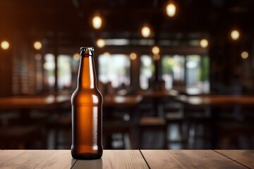 beer bottle on a classic wooden table, mockup style , vintage bokeh bar background - obrazy, fototapety, plakaty
