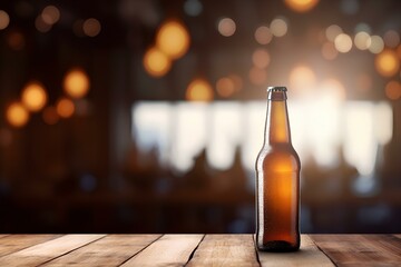 beer bottle on a classic wooden table, mockup style , vintage bokeh bar background - obrazy, fototapety, plakaty
