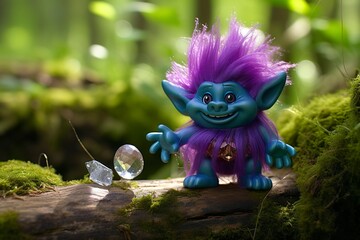 Tale troll with crystals in the forest, natural green background. - obrazy, fototapety, plakaty