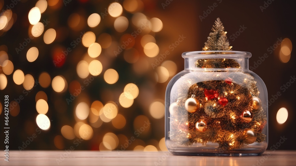 Aufkleber christmas tree in glass jar with bokeh lights background copy space