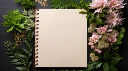 Foto op Canvas white blank notepad lies on the table, top view, cup of coffee, flowers, plants, space for text, layout, business, office, stationery, sheet of paper, school, work, background, empty page, green © Julia Zarubina