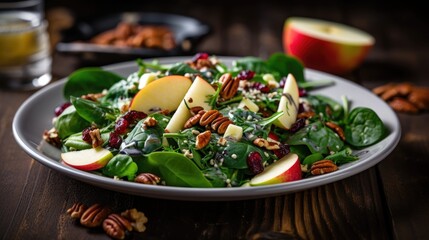 Apple cranberry walnut salad with spinach and poppy seed dressing on wooden background Healthy clean food