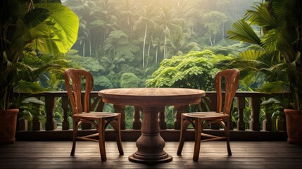 Balinese villa with wooden table chairs by window featuring nature view and potted tropical plant