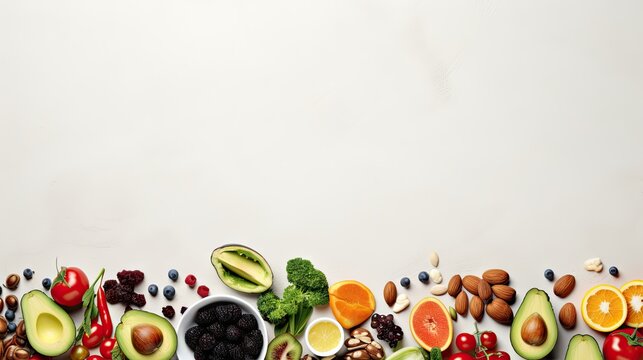 Assortment of healthy food on light background emphasizing diet concept