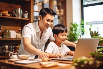 A father and son working together on a laptop. Fictional characters created by Generated AI.
