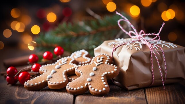 Christmas gingerbread cookies tied with red thread in kraft paper. Christmas gingerbread cookies. Horizontal banking poster background for advertisement. Photo AI Generated - Powered by Adobe