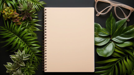 white blank notepad lies on the table, top view, flowers, plants, space for text, layout, business, office, stationery, sheet of paper, school, work, background, empty page, green, education