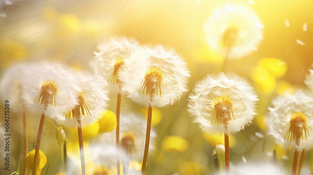 Poster close up abstract background of fluffy dandelion blossoms in spring