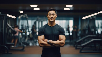 A Strong Man Posing in a Gym. Fictional characters created by Generated AI. - obrazy, fototapety, plakaty