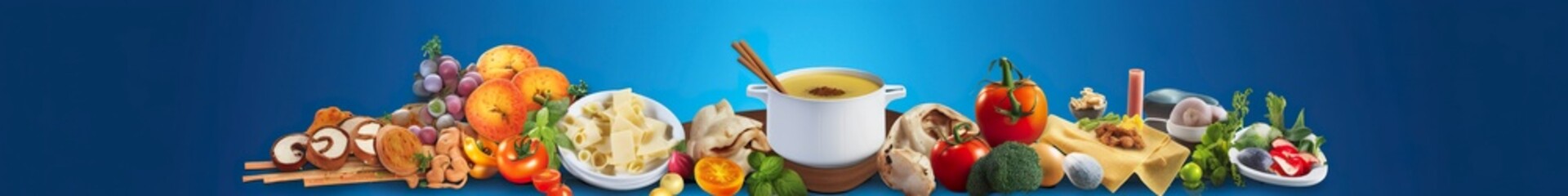 Web page banner of famous Italian food recipes on clean blue background. - obrazy, fototapety, plakaty