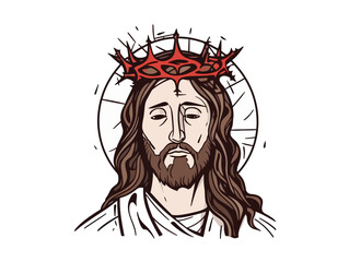 Doodle Jesus with crown of thorns, cartoon sticker, sketch, vector, Illustration, minimalistic