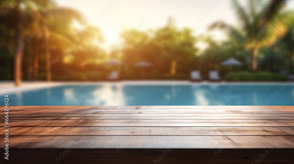Poster Blurry background of pool empty wooden table upfront