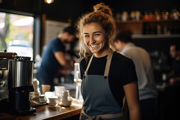 Smiling woman in coffee shop wearing apron and standing in front of counter with coffee maker and cups - obrazy, fototapety, plakaty