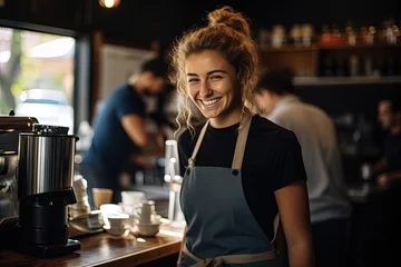 Tuinposter Smiling woman in coffee shop wearing apron and standing in front of counter with coffee maker and cups © Unitify
