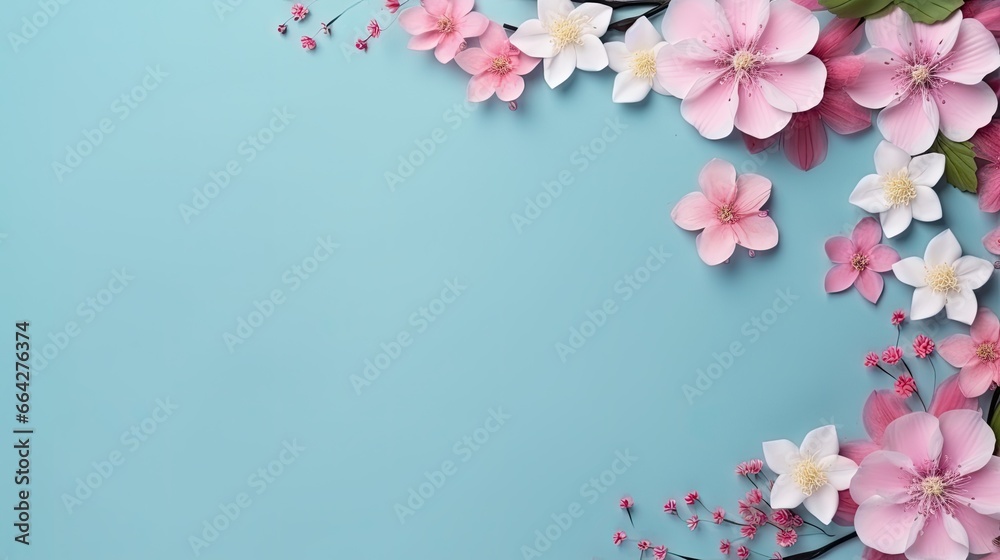 Poster blank paper with pink flowers on a pastel blue background arranged flat and viewed from above with s