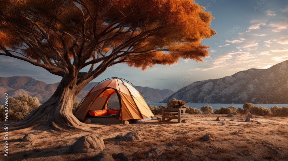 Poster camping tent on dry ground near big tree at lakeside campsite with mountains in the background witho